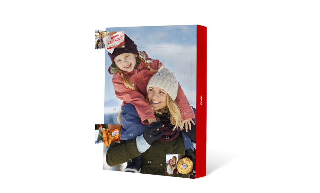Chokladkalender med 24 bilder, fylld med Ferrero-choklad - stående
