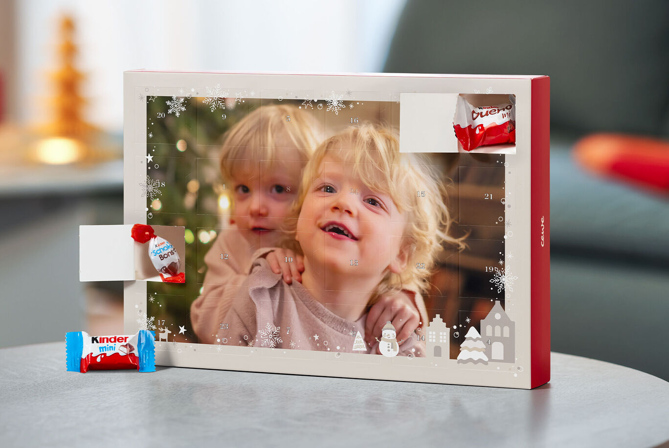 Chokladkalender med bild, fylld med kinder-choklad