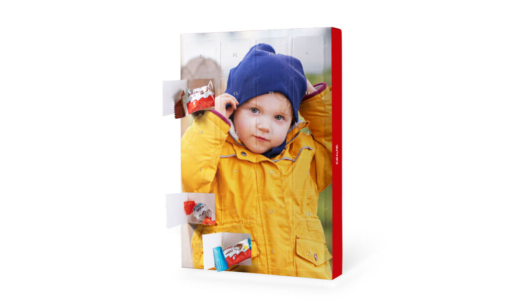 Chokladkalender med bild, fylld med kinder-choklad - stående
